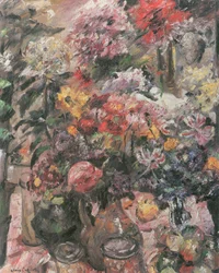 Naturaleza muerta con crisantemos y amarilis